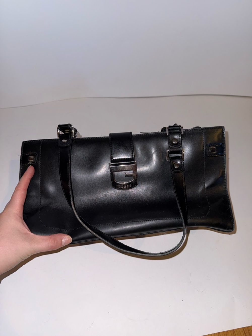 Guess Black Leather Buckle Shoulder Bag